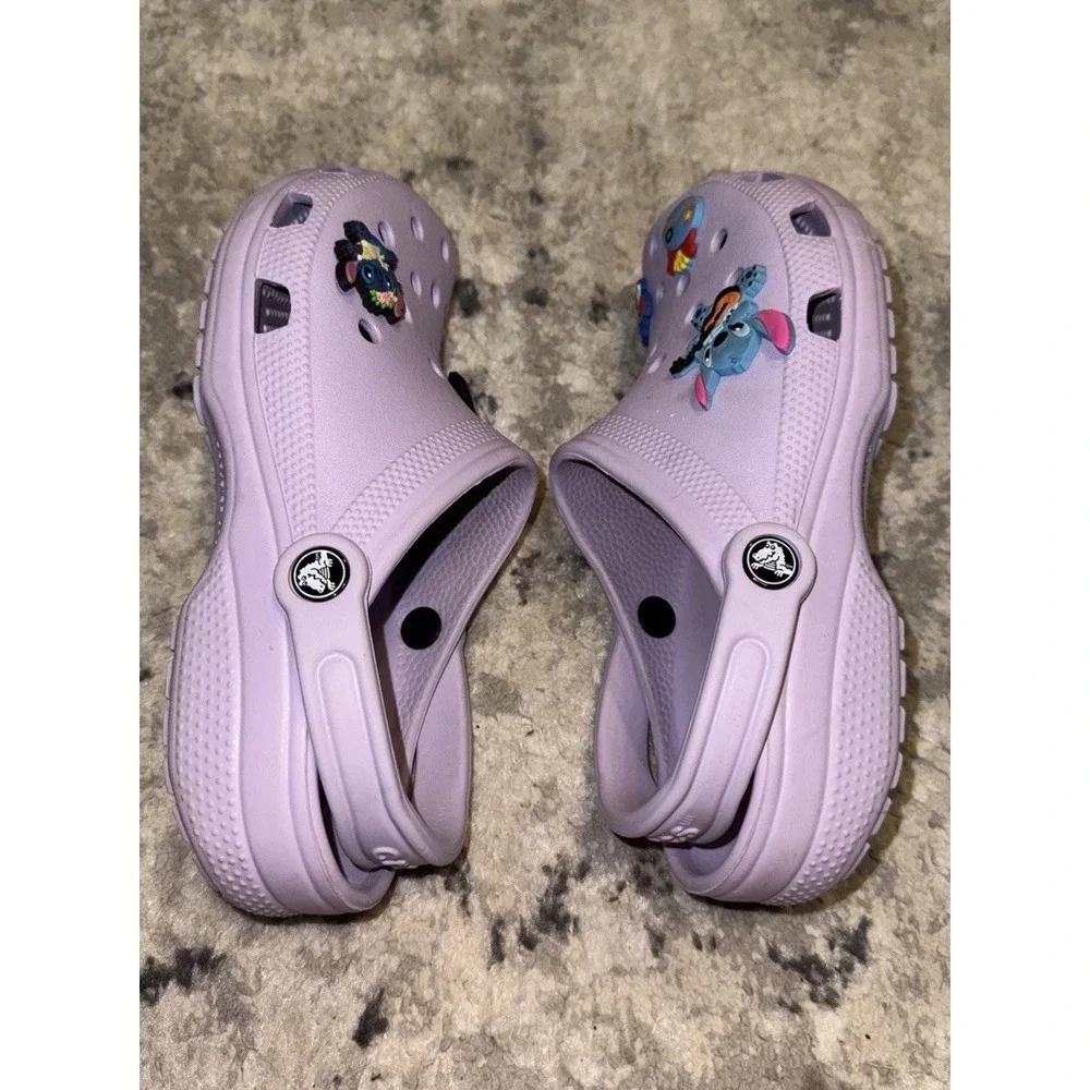 Crocs Clogs Big Girls Junior Sz 6 Purple Shoes Croc W/ Lilo Stitch Charms
